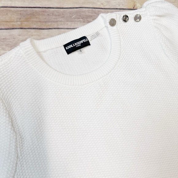 KARL LAGERFELD PARIS Women's Honeycomb Short-Sleeve Waffle Sweater White - Picture 5 of 7